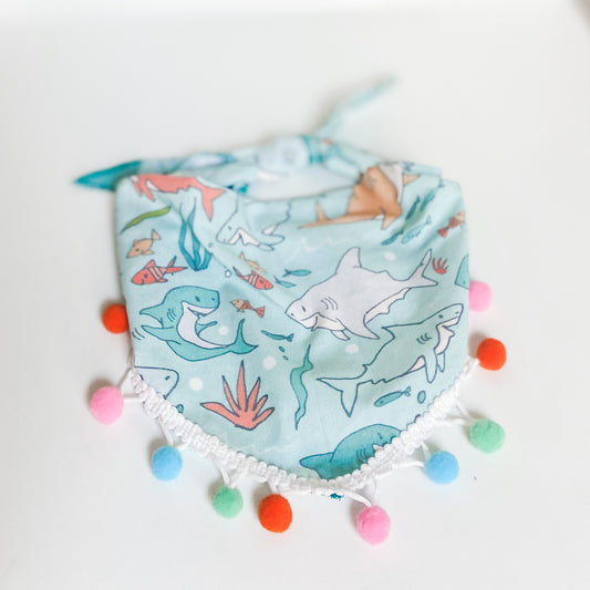 Aqua sharks with pom trim dog bandana shark week accessory