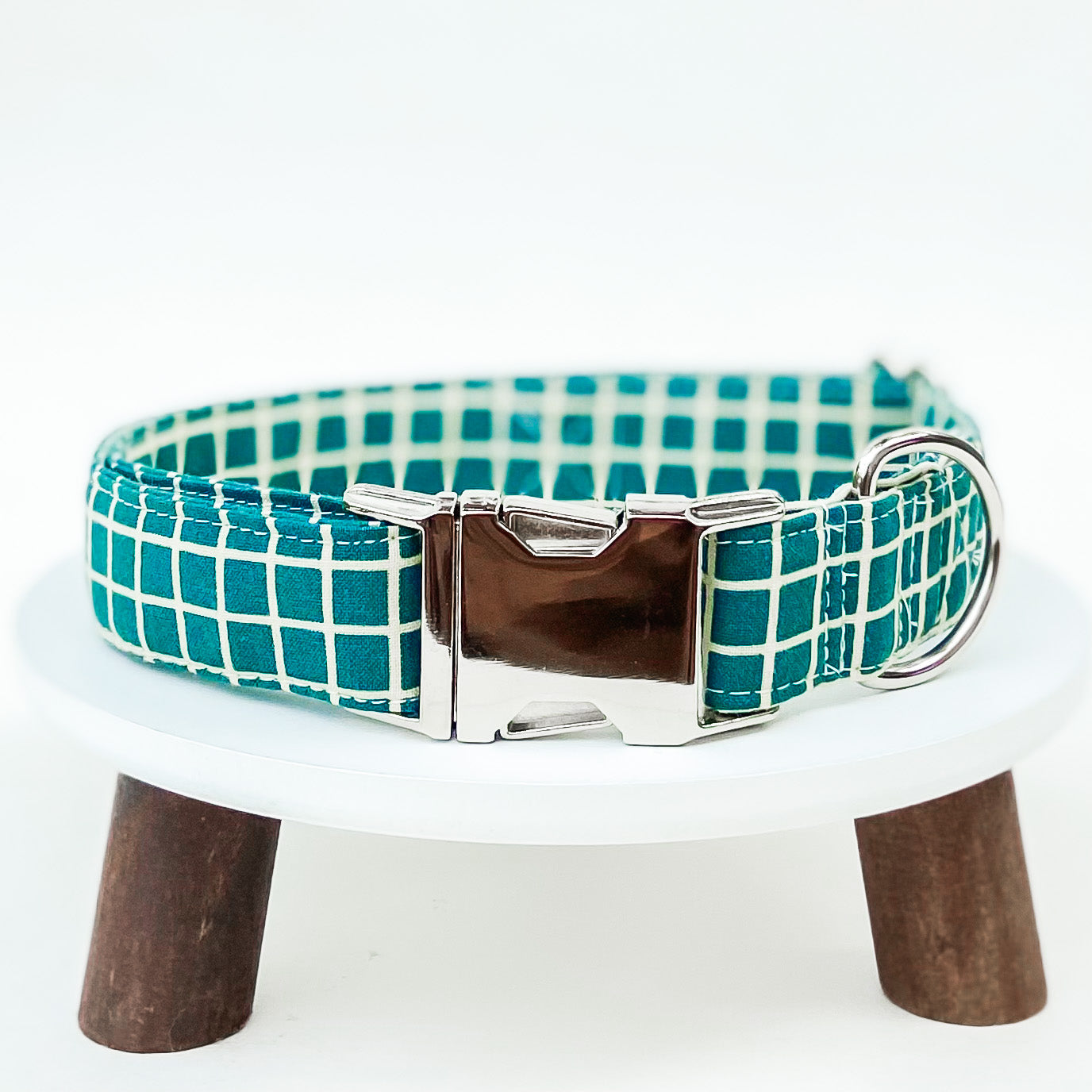 Windowpane plaid green dog collar with silver hardware