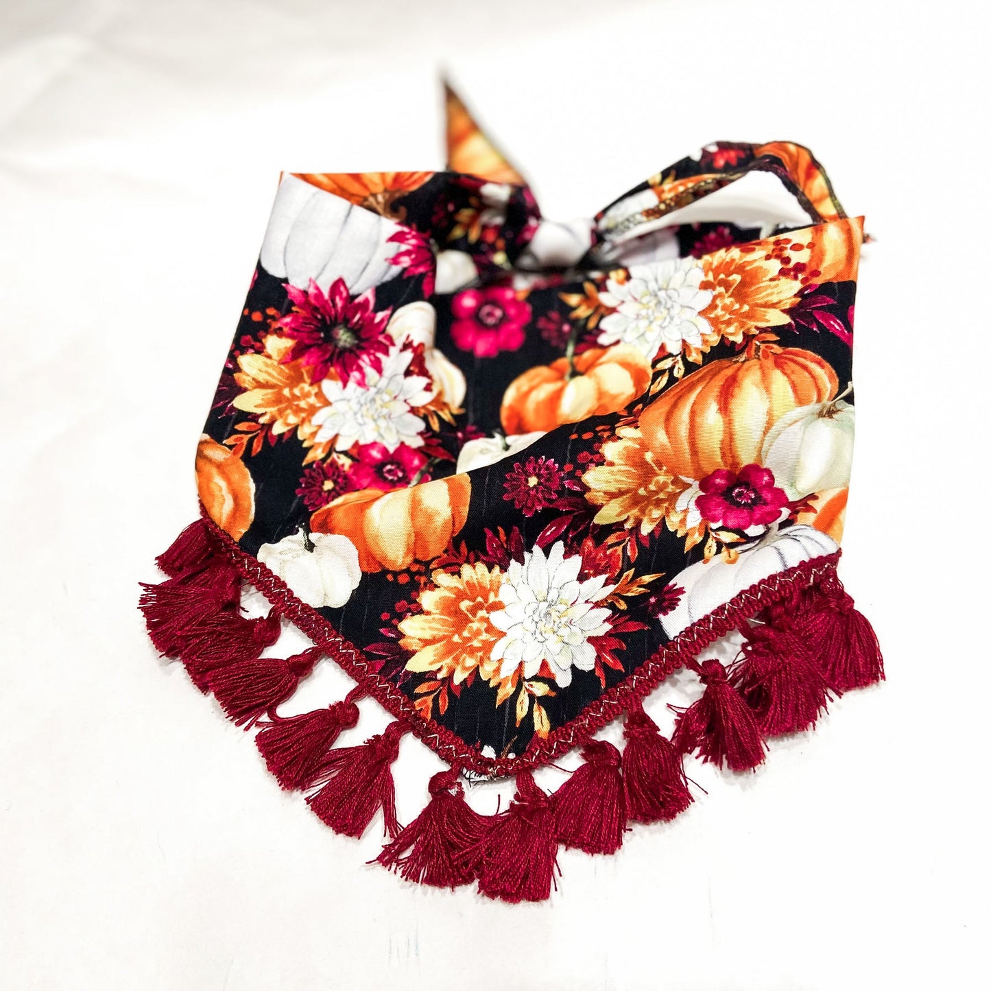 Fall floral and pumpkins tassel trim fall dog bandana pet accessory