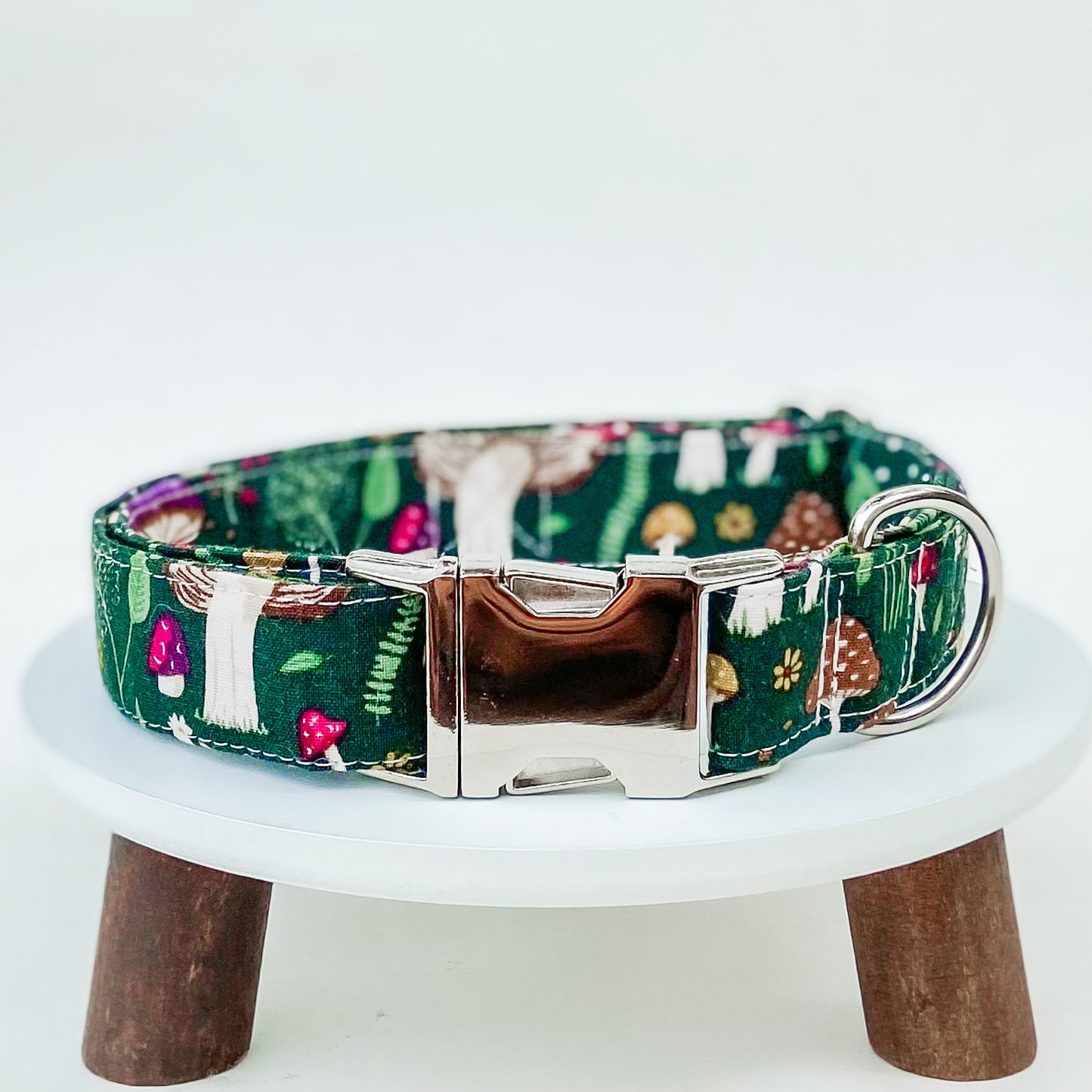 Foraging mushroom forest green dog collar with silver hardware