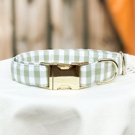 Sage plaid dog collar with gold hardware