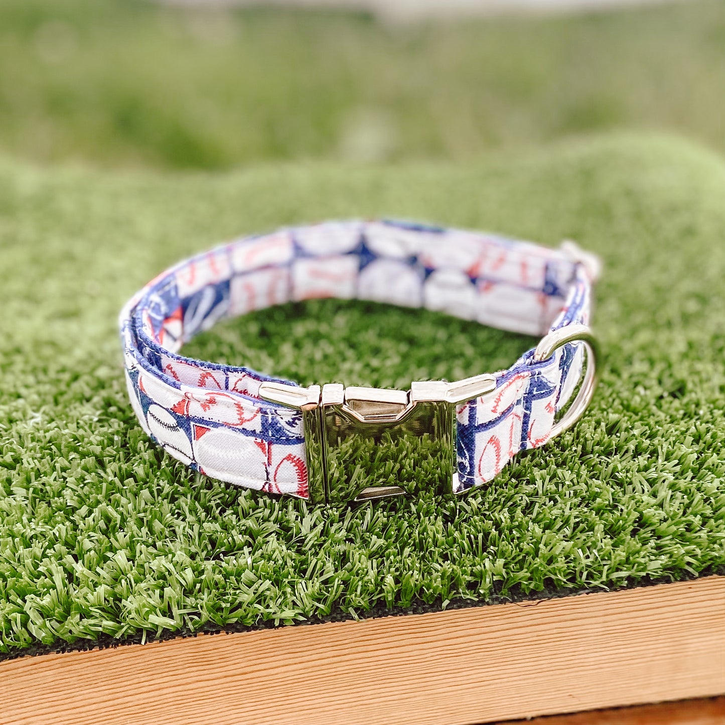 Play ball! summer baseball dog collar with silver buckle