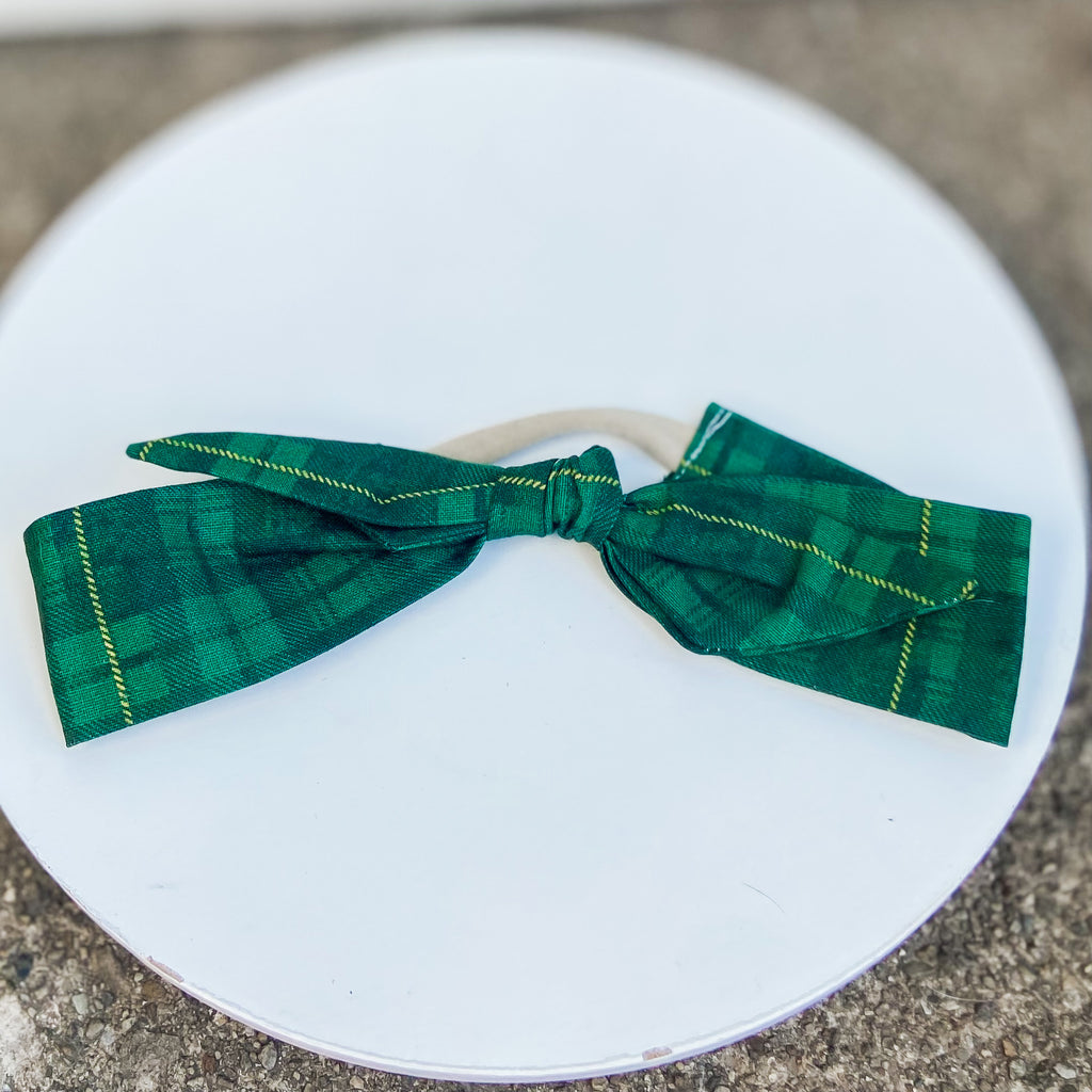 Green plaid top-knot headband