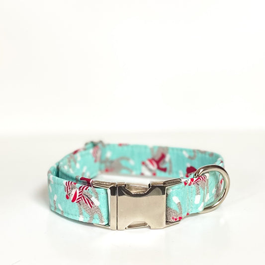 Winter sock monkey dog collar with silver metal buckle