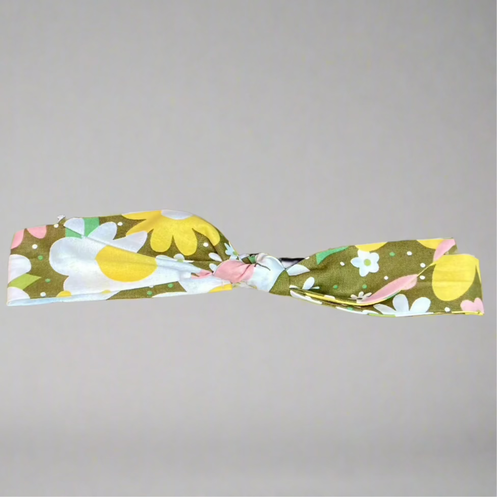 Retro pink and yellow daisies top-knot dog headband