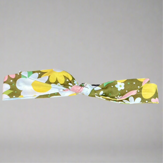 Retro pink and yellow daisies top-knot dog headband