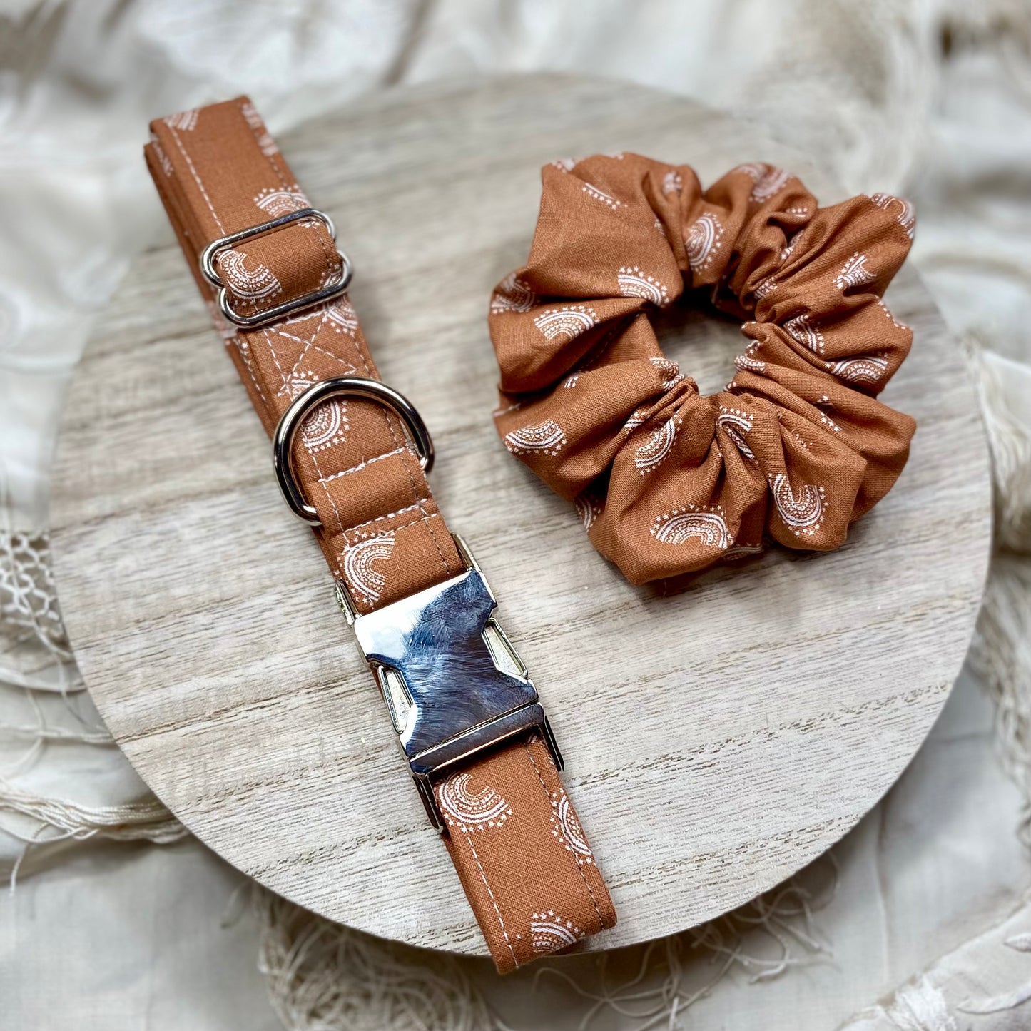 Rust boho mini rainbows dog collar with silver hardware