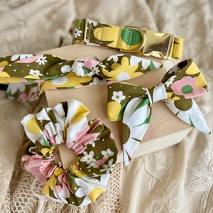 Retro daisies dog collar with gold hardware