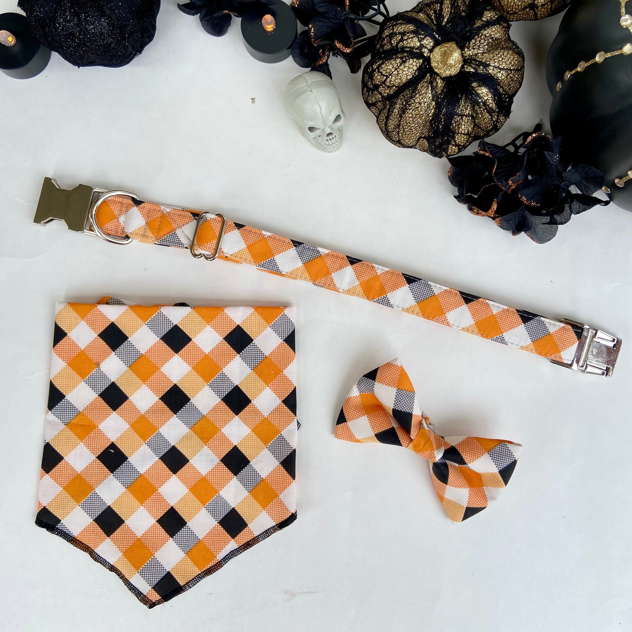 Fall-o-ween black and orange plaid dog collar