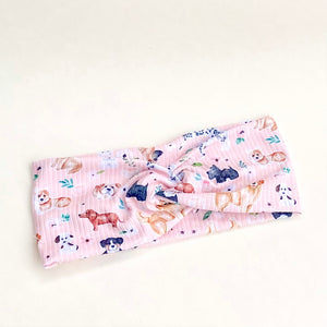 Pretty in pink floral dogs ribbed stretch twisted headband adult one size