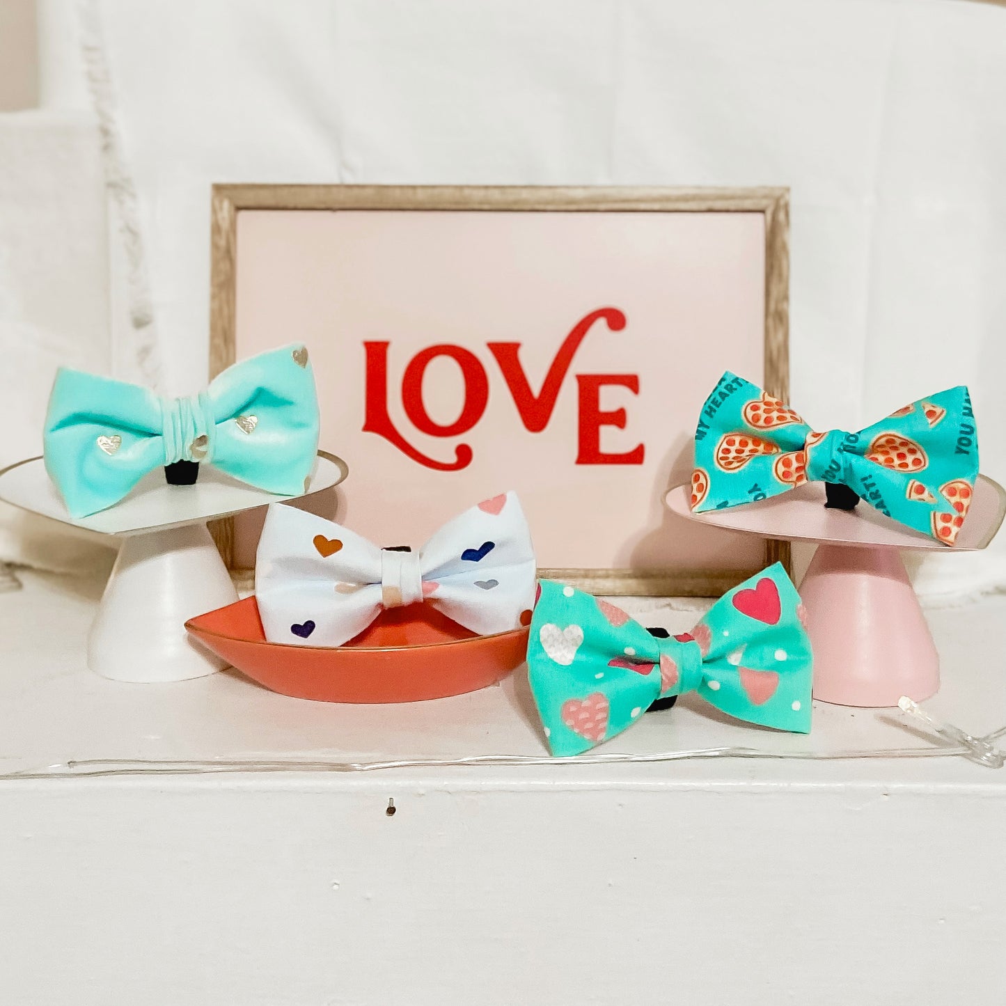 Teal hearts valentine dog bow