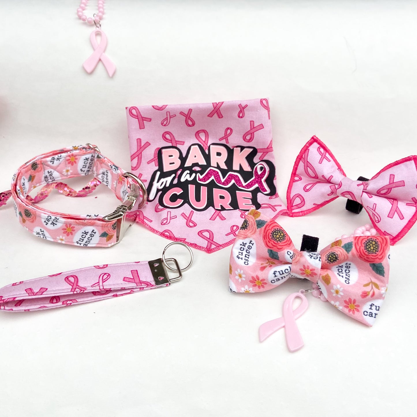 Fuck cancer pink floral dog bow pet accessory