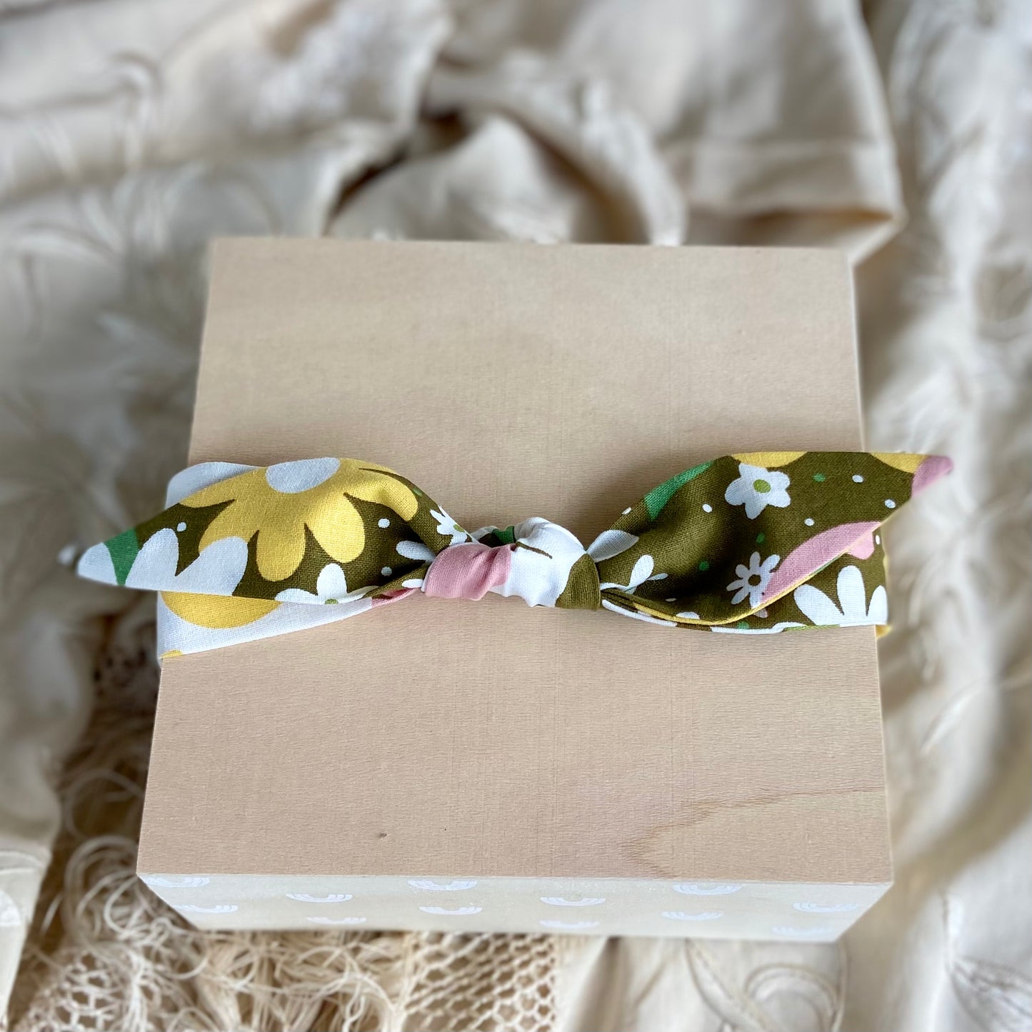 Retro pink and yellow daisies top-knot dog headband