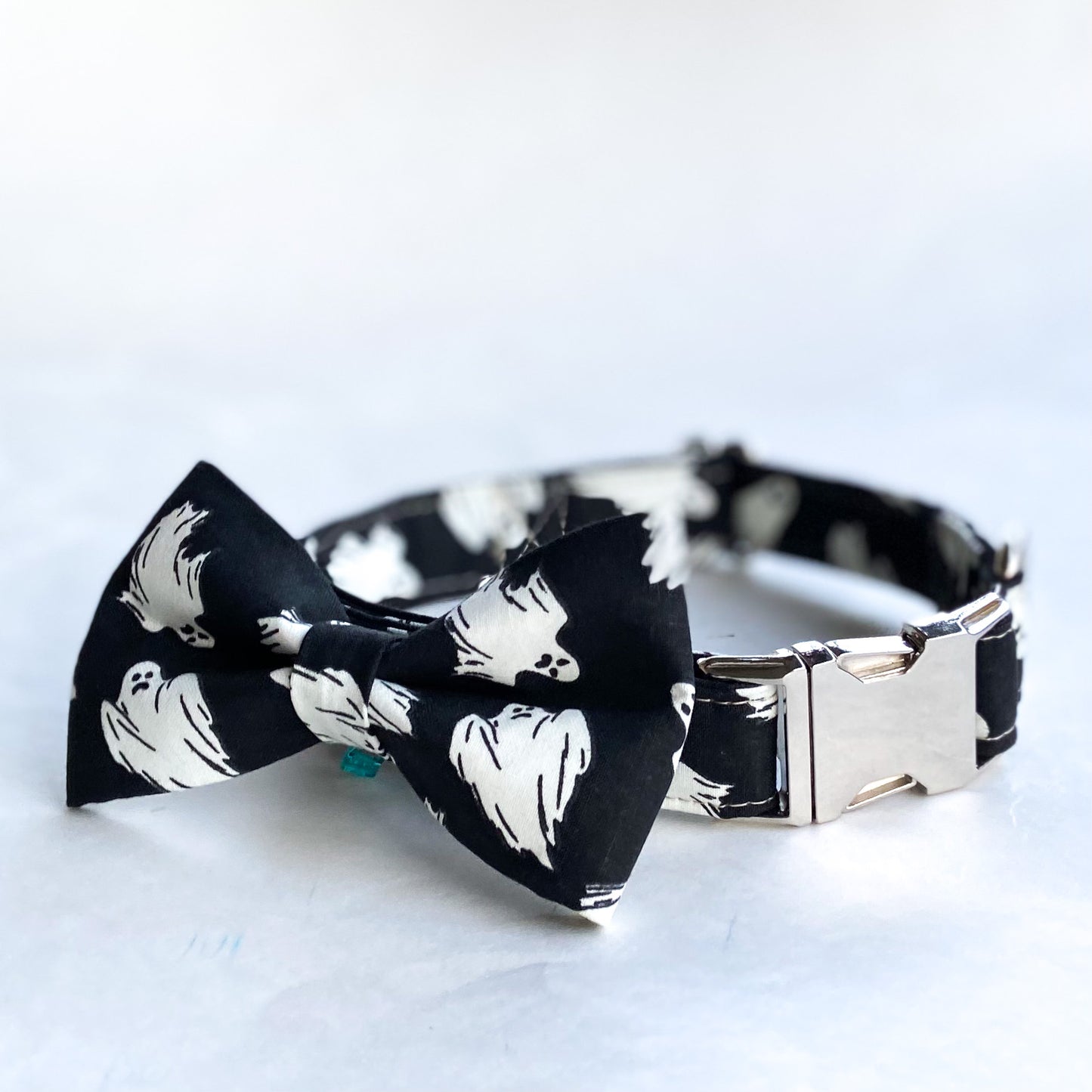 hey, Boo black glow in the dark dog collar with silver buckle