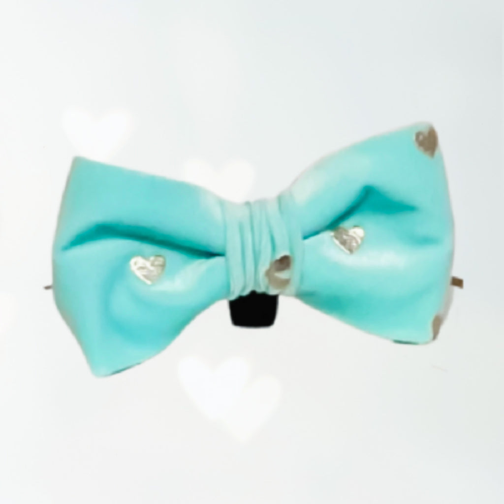 Gold hearts on blue velvet dog bow