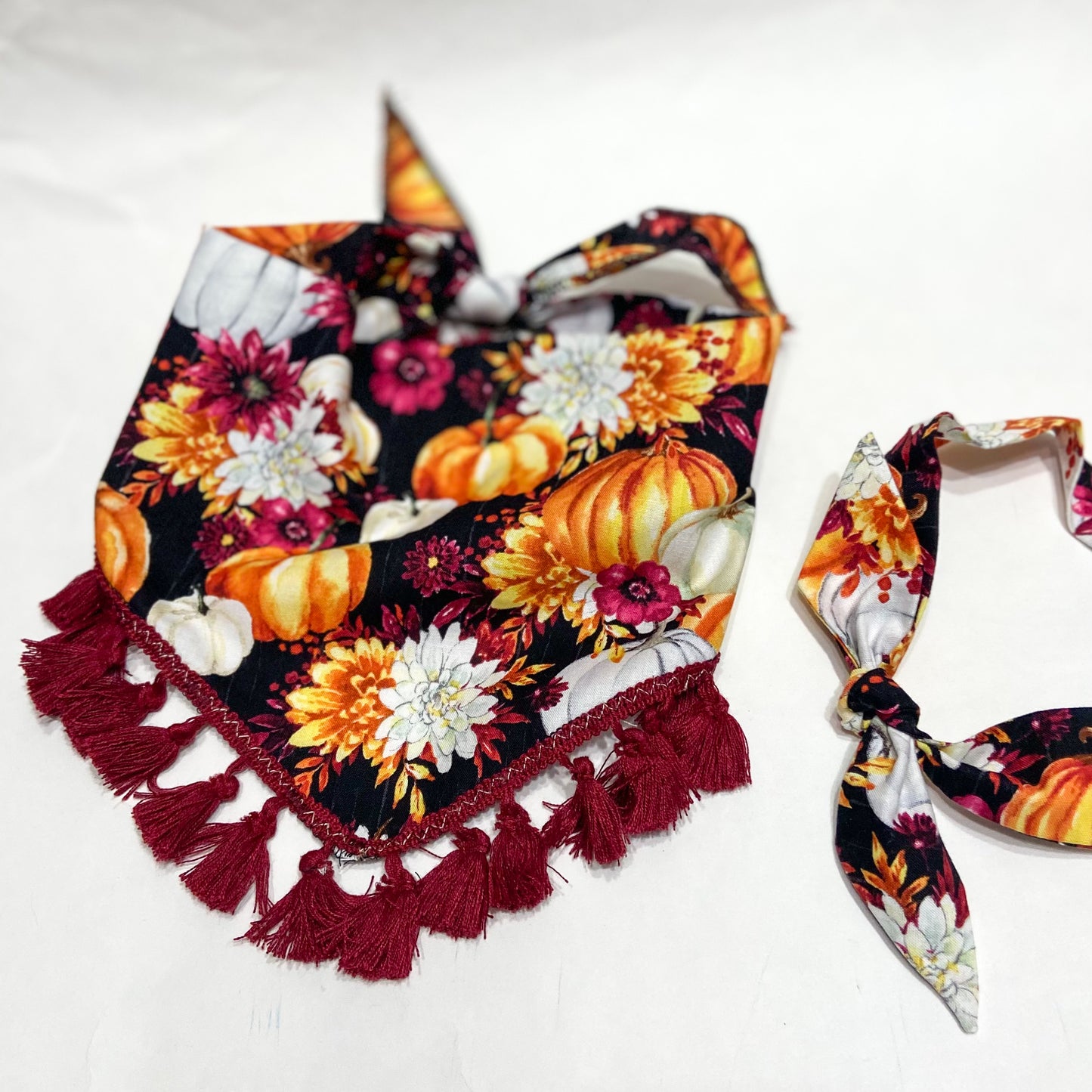 Fall floral and pumpkins tassel trim fall dog bandana pet accessory