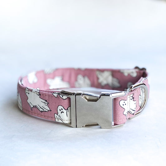 hey, Boo pink glow in the dark Halloween dog collar with silver buckle