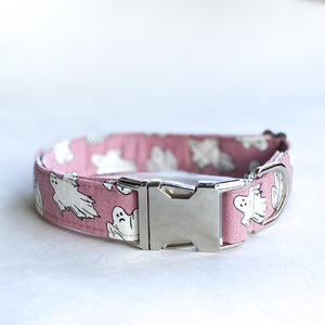 hey, Boo mauve glow in the dark Halloween dog collar with silver buckle