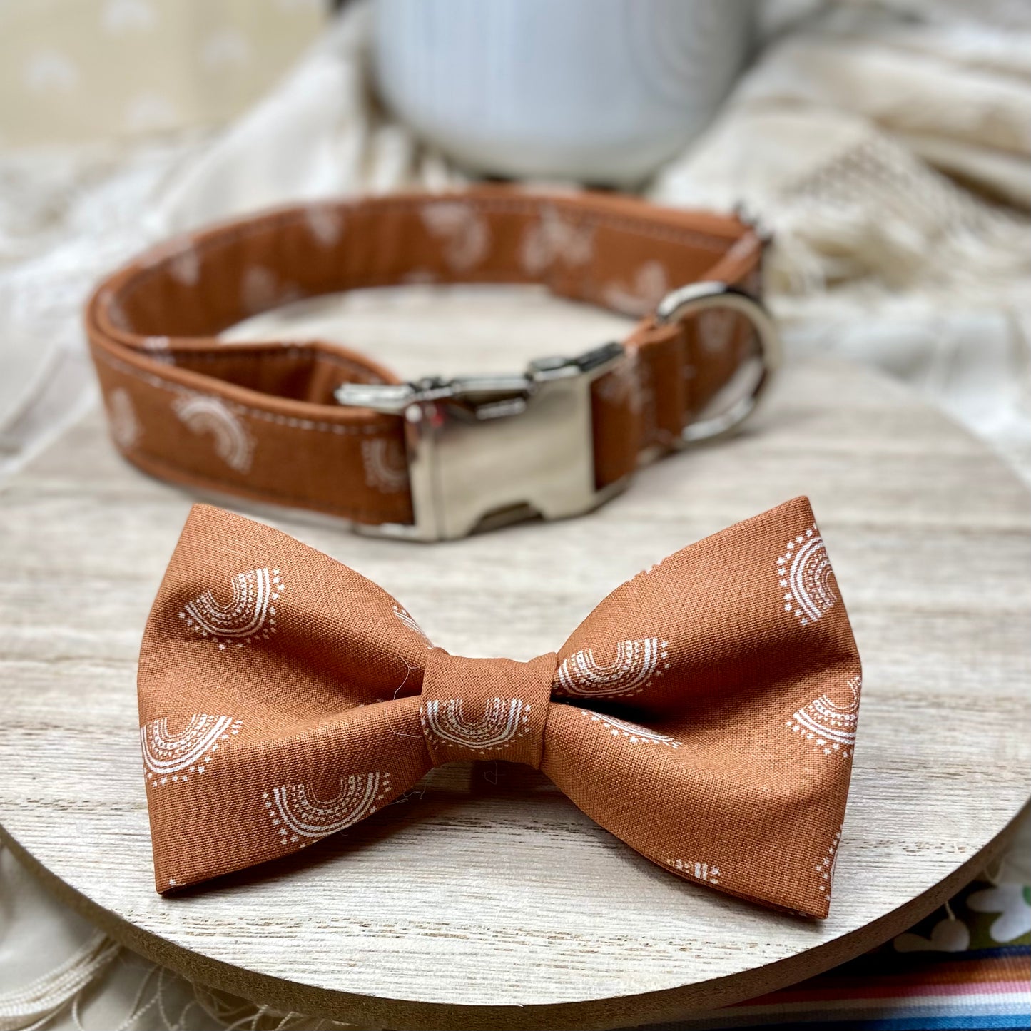 Rust boho mini rainbows dog collar with silver hardware