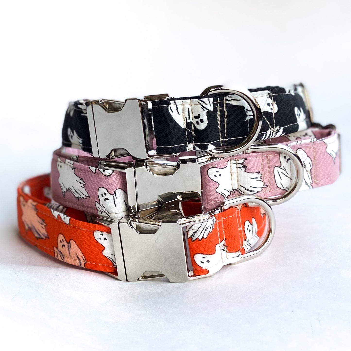 hey, Boo pink glow in the dark Halloween dog collar with silver buckle