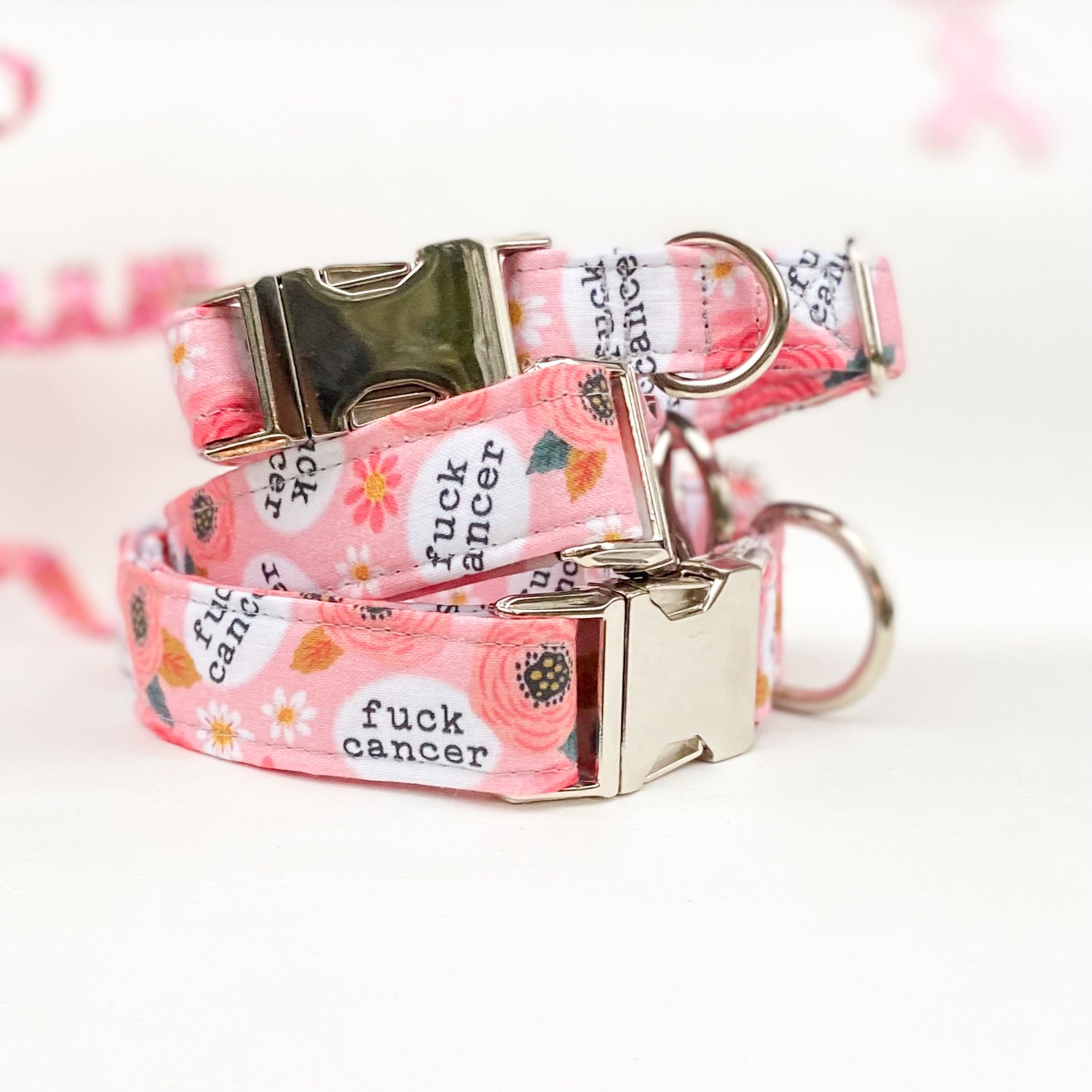 Fuck Cancer pink floral breast cancer awareness dog collar